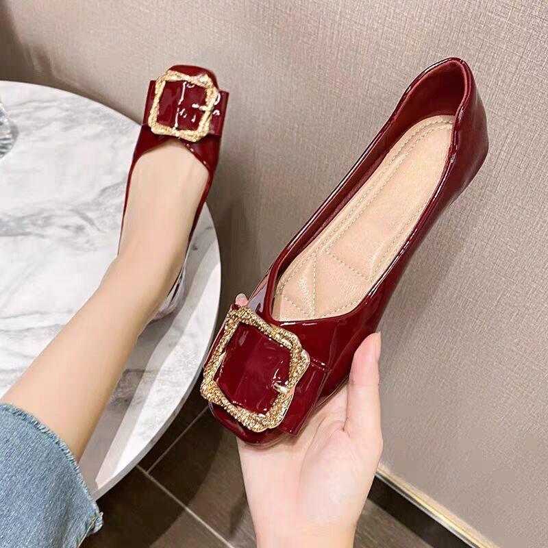 酒红色单鞋女韩版百搭平底豆豆鞋浅口工作小皮鞋软底船鞋显瘦鞋子