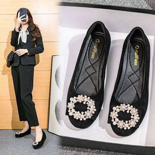 坡跟单鞋女2026年新款春秋深口圆头软底工作鞋内增高女鞋瓢鞋