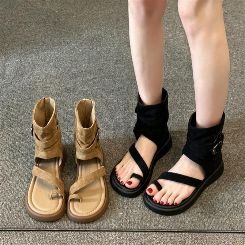 厚底套趾罗马凉鞋女款2026新款夏季凉靴子西部牛仔堆堆靴夹脚短靴