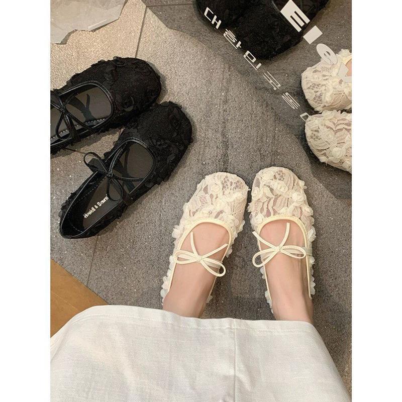 网红法式蕾丝网纱单鞋女夏季新款仙女风温柔配裙子平软底透气玛丽