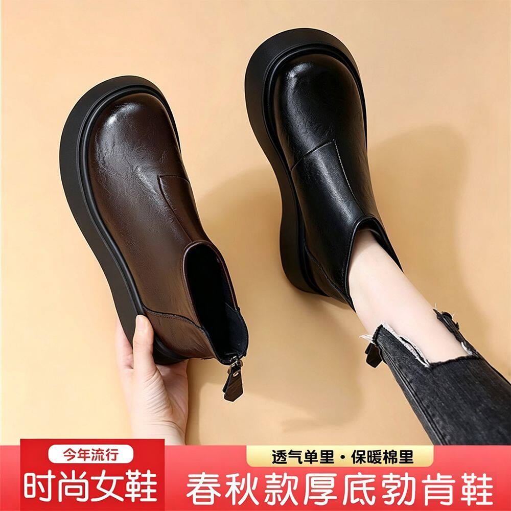 巨好看的短靴春秋单靴厚底勃肯鞋保暖棉鞋女冬季加绒真皮马丁靴女