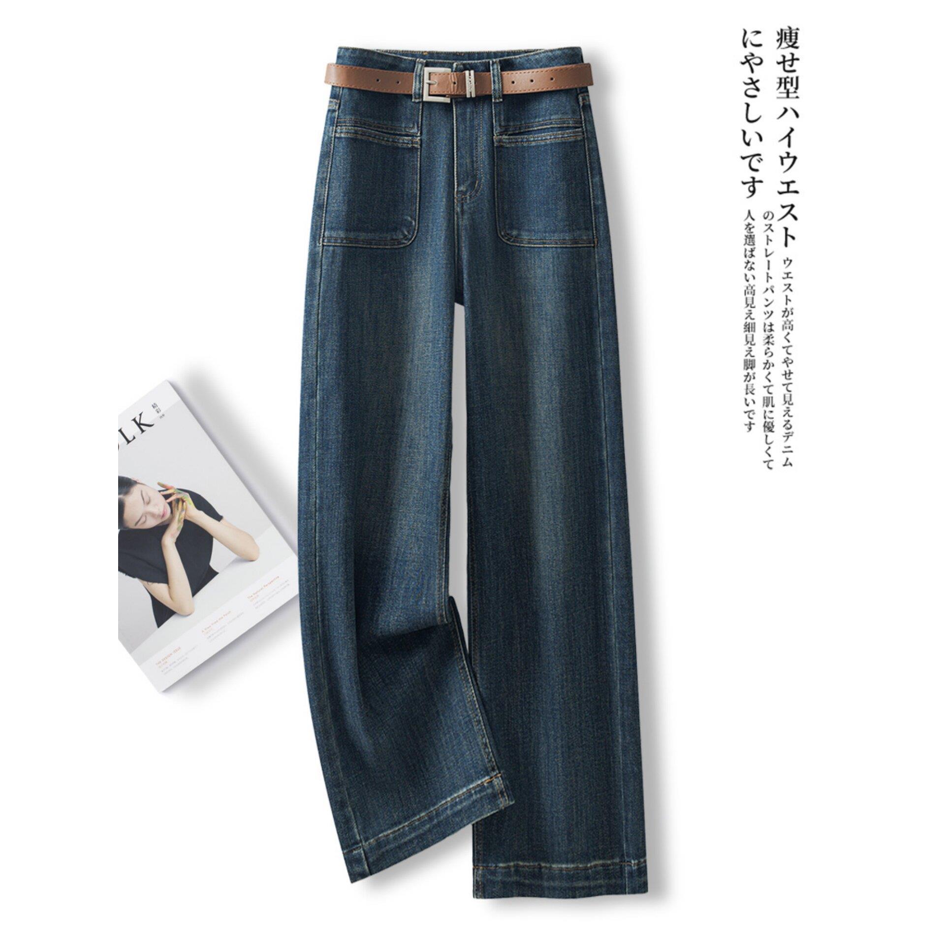 韩国覆古蓝阔腿裤女2025新款秋款牛仔裤水洗做旧宽松垂坠感直筒裤