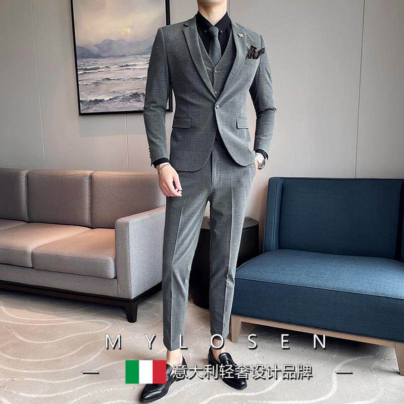迈洛森西服套装男春秋韩版商务正装痞格子西装三件套结婚男士礼服