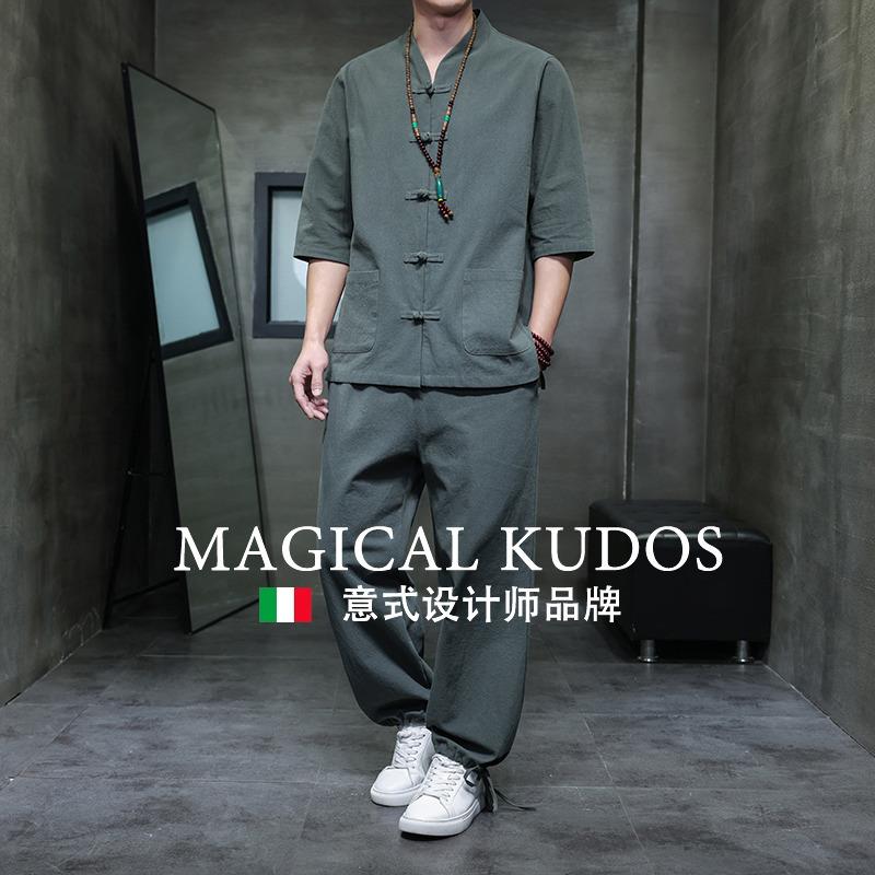 【MK专柜】MAGICAL KUDOS~ 夏季薄款中国风亚麻短袖衬衫套装