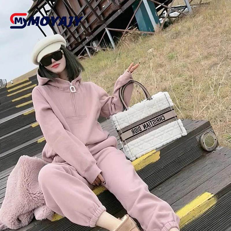 MOYAJY品牌气质休闲运动套装女冬新款长袖加绒加厚连帽卫衣两件套