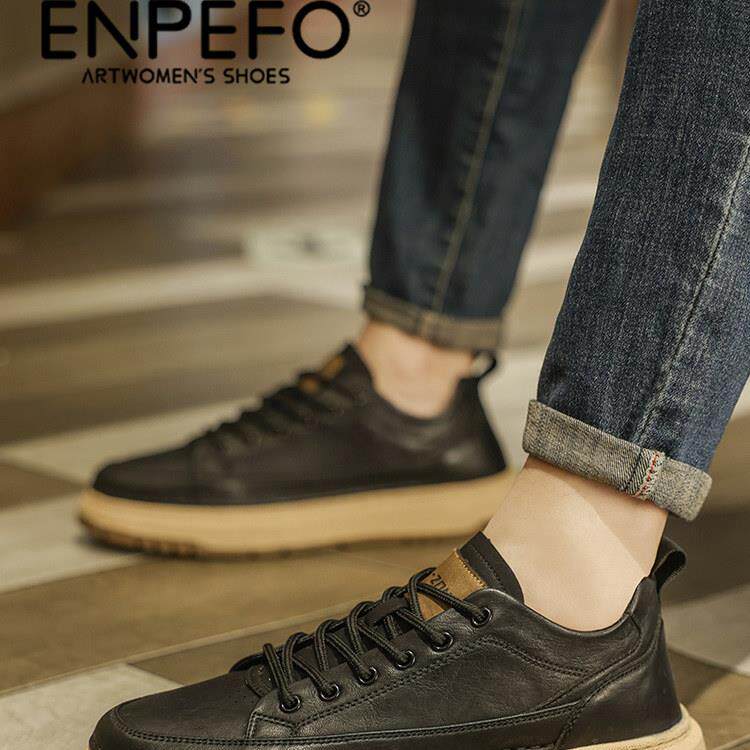 ENPEFO男款2025S四季款真皮黑色鞋子板鞋厚底英伦男士商务休闲