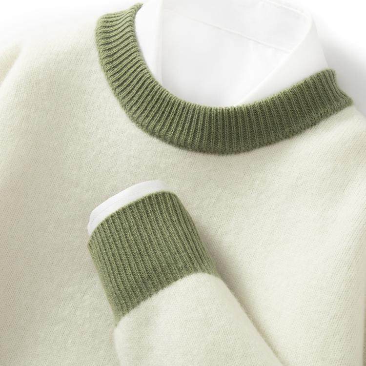 YENR 24秋冬新款百搭针织打底衫高端圆领拼色加厚羊绒衫男士