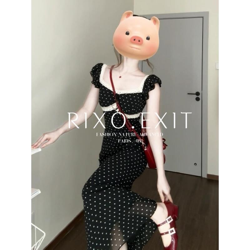 RIXO EXIT法式温柔风飞飞袖蕾丝碎花连衣裙夏季方领波点鱼尾长裙
