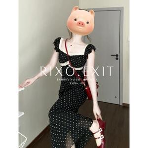 RIXO EXIT法式温柔风飞飞袖蕾丝碎花连衣裙夏季方领波点鱼尾长裙