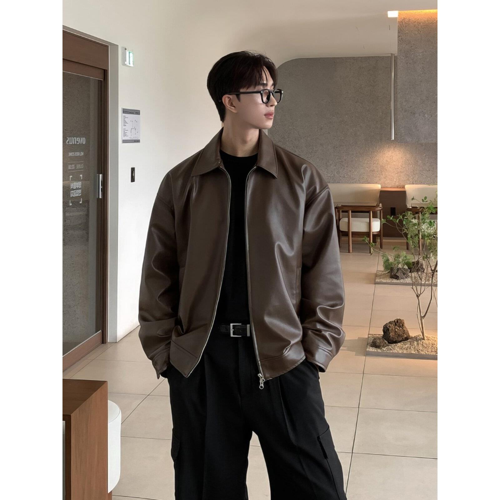 美拉德棕色皮衣外套男秋冬季潮牌痞帅机车服休闲覆古真皮翻领夹克