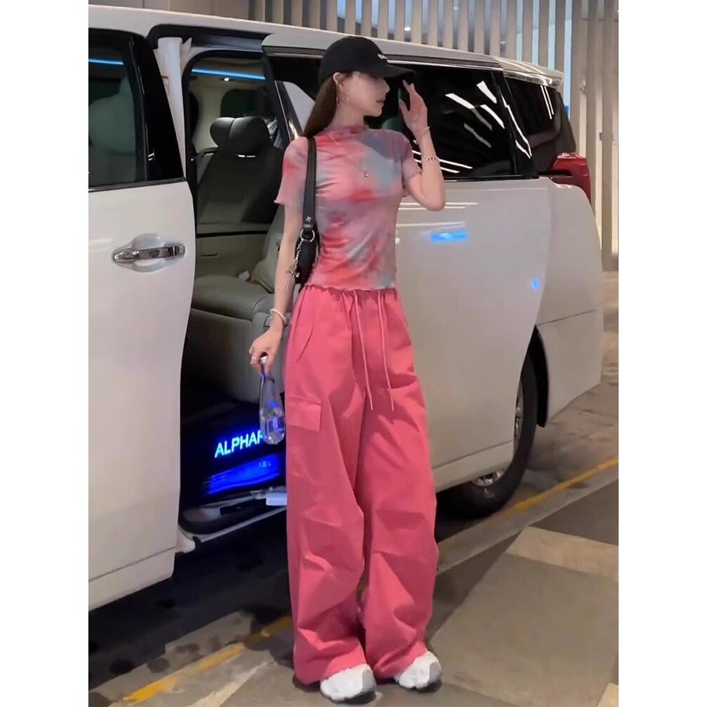 SUPDORX~运动套装女夏季2025显瘦高级感扎染短袖休闲工装裤两件套