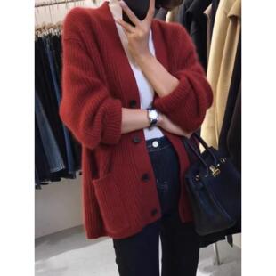 SPYB春秋新款红色针织开衫女中长款山羊绒衫气质v领宽松毛衣外套