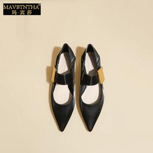 玛宾莎新款尖头低跟浅口单鞋女平底玛丽珍鞋配裙子气质名媛小皮鞋