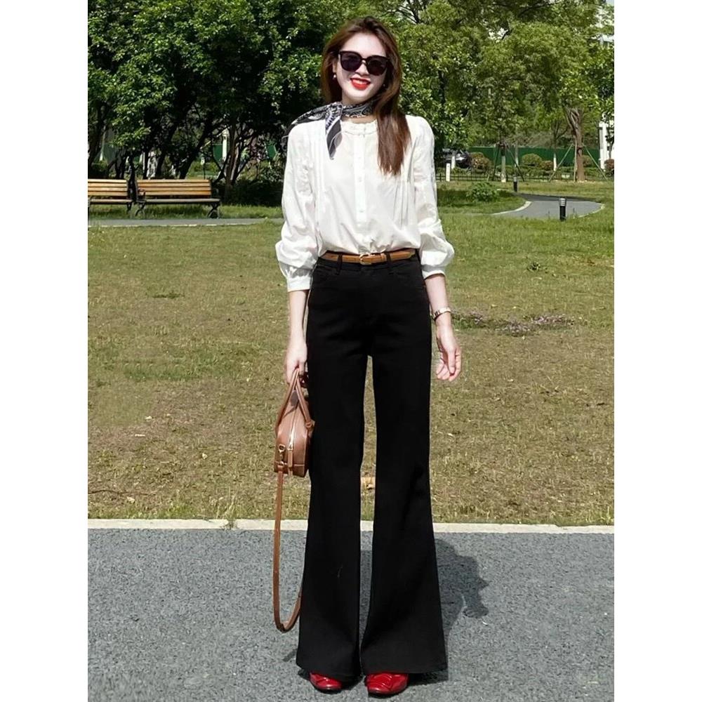 SPYB黑色微喇牛仔裤女秋季高腰新款显瘦修身弹力拖地春秋喇叭裤子