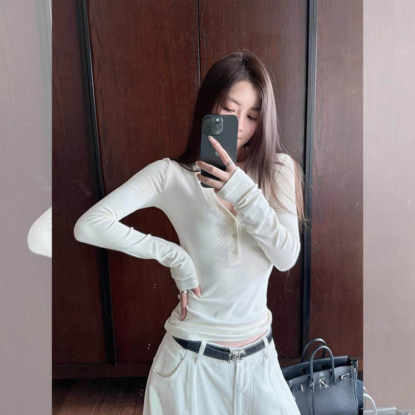 SPYB白色美式复古V领长袖T恤女士秋冬修身上衣显瘦内搭绝美打底衫