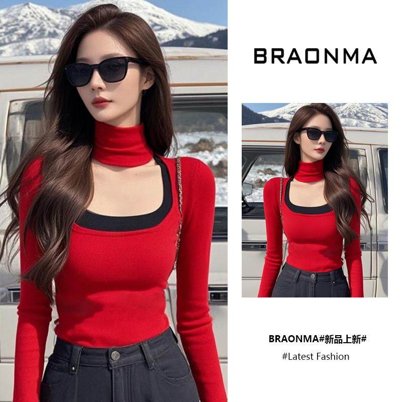 Braonma法式红色高领针织打底衫 秋冬性感修身女性上衣
