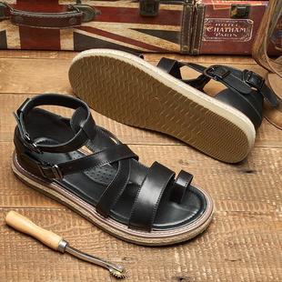 潮男沙滩鞋 真皮男鞋 RUONDMAM夏季 复古罗马凉鞋 休闲透气洞洞鞋 凉鞋