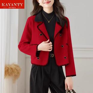 KAYANTY红色双面呢外套女短款2025秋冬新款小个子高级感毛呢大衣