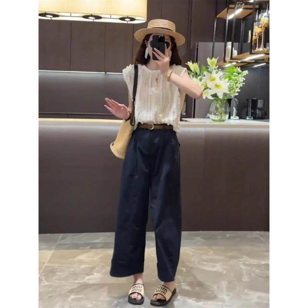 ROUJE LONDE小个子洋气花边宽松短袖上衣女夏季休闲九分裤两件套