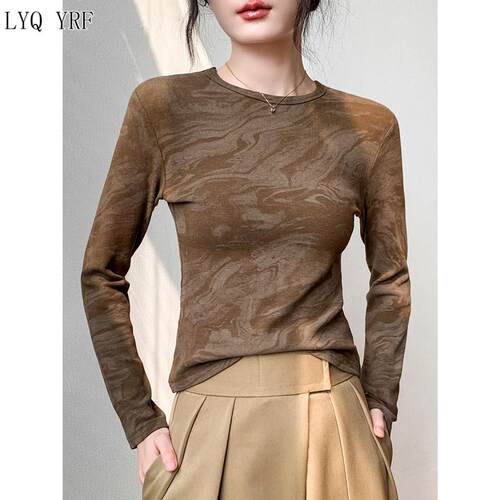 Lyq yrf圆领气质长袖内搭女秋季修身显瘦性感扎染设计感高级上衣