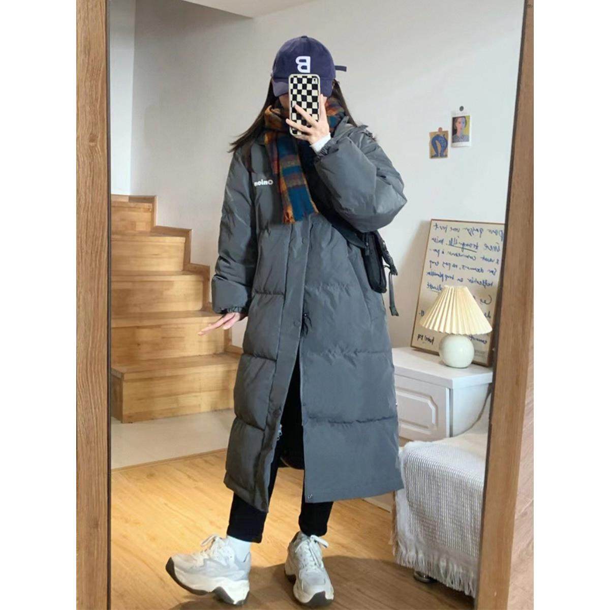 LILY MOST韩版连帽中长款羽绒服时尚宽松过膝90白鸭绒外套