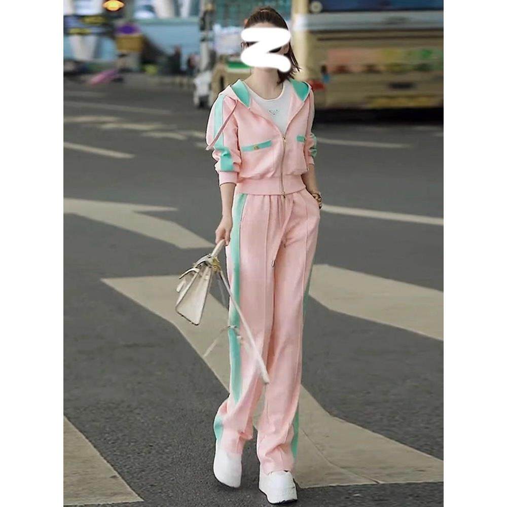 Supdorx美丽休闲运动套装女性秋季风格粉色运动衫阔腿裤两件套时