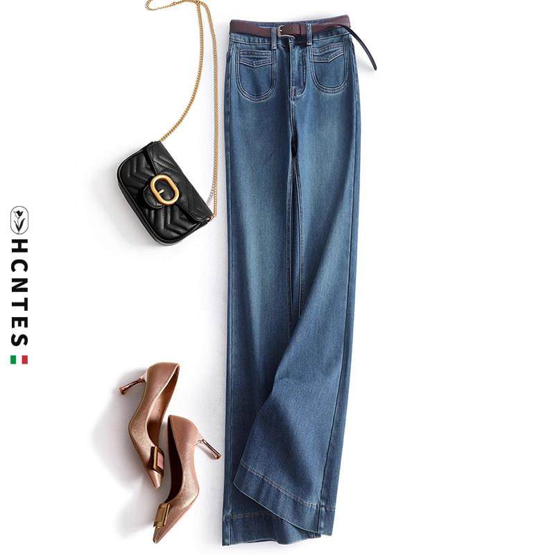 HCNTES加绒牛仔裤女2024冬新款微喇叭水洗高腰垂感显瘦加厚直筒裤