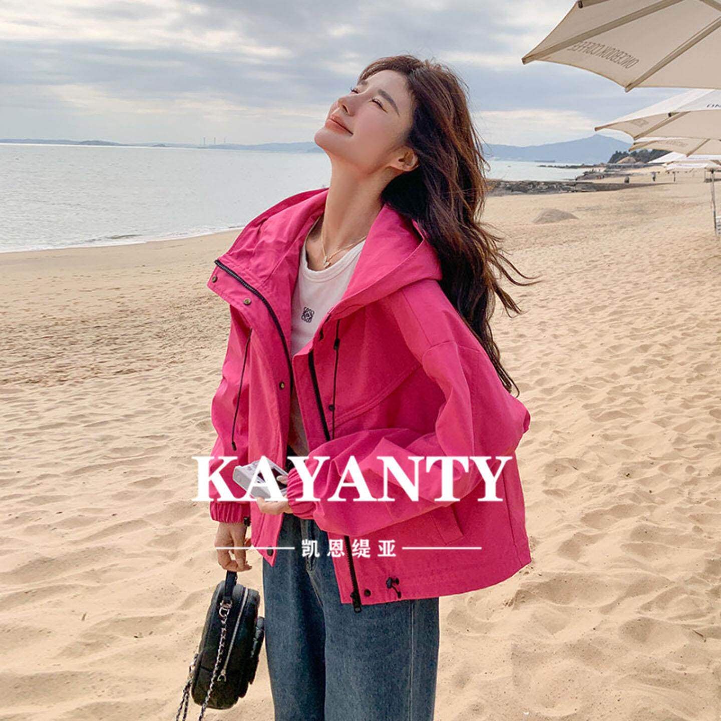 KAYANTY玫红工装冲锋衣外套女春秋新款2026超火漂亮独特短款夹克