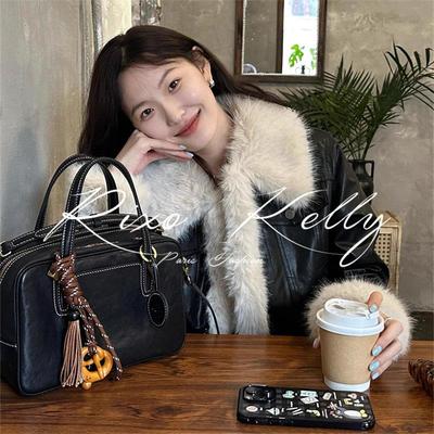 RIXO STREET法式短款大翻领拼接毛毛上衣修身显瘦毛领皮衣外套