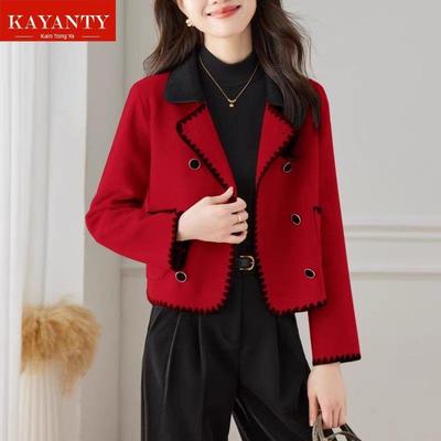 KAYANTY红色双面呢外套女短款2025秋冬新款小个子高级感毛呢大衣