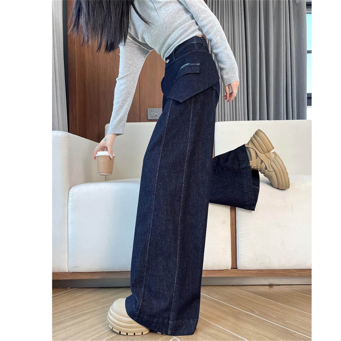 ADIFCMM阔腿牛仔裤女春秋新款深蓝色可拆卸腰封韩系松弛感超直筒