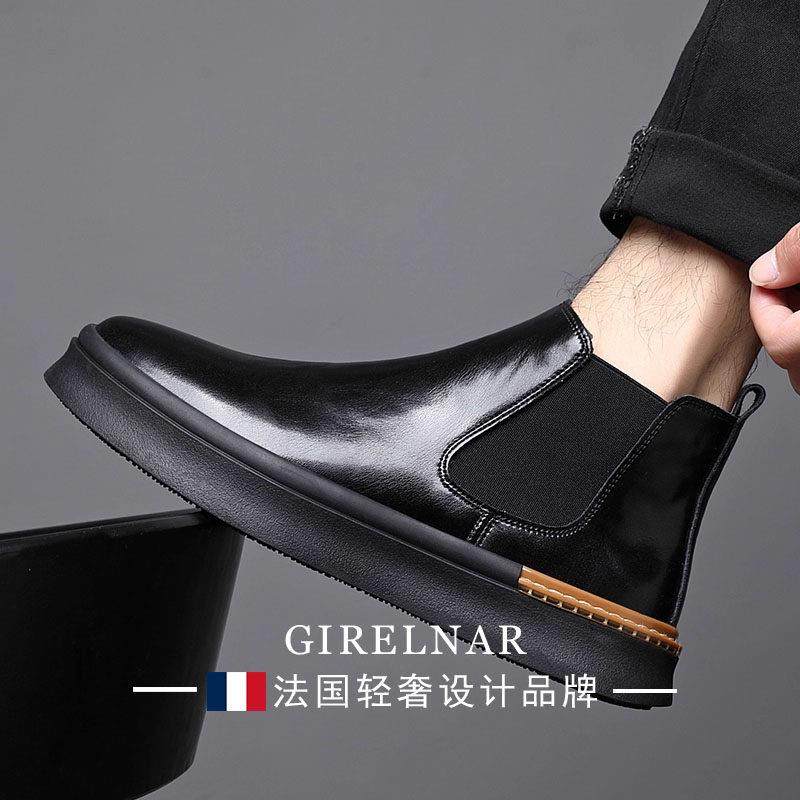 爵澜纳2025冬季新款圆头高端休闲皮鞋男真皮加绒高帮马丁靴男