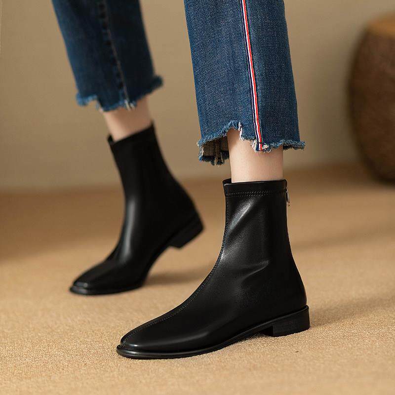 玛宾莎复古女靴短靴时尚圆头百搭及踝靴法式休闲平底弹力瘦瘦靴女