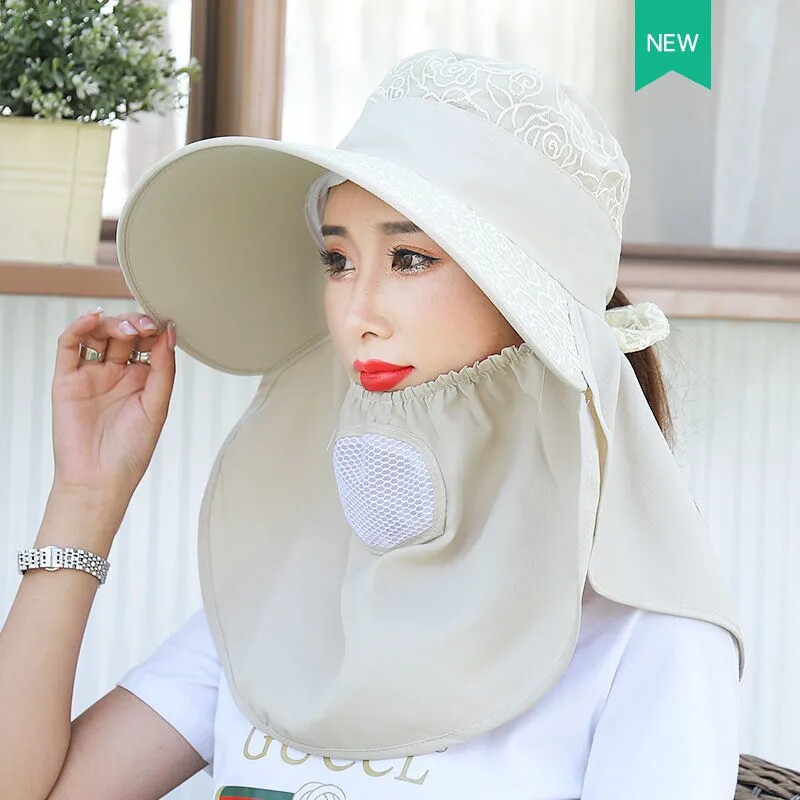 遮阳帽女士防晒面罩全脸夏天护脖防紫外线遮脸骑车凉帽大沿太阳帽