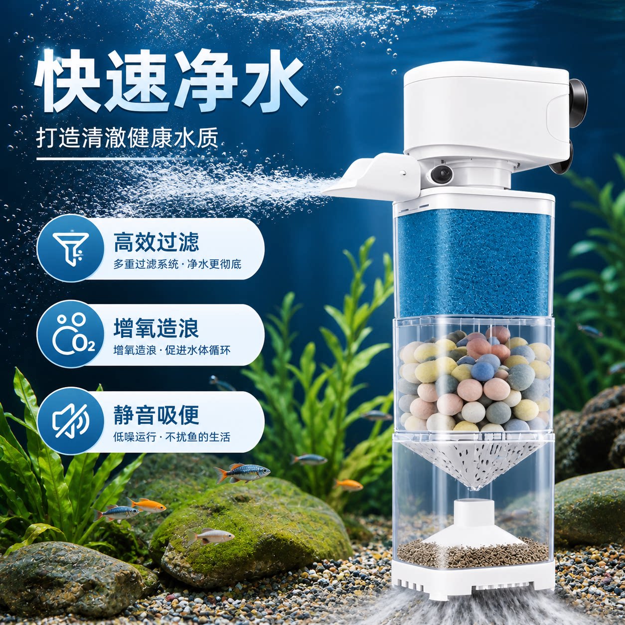 2026新款小型鱼缸吸粪氧气泵净水过滤器循环第五代全自动款超静音