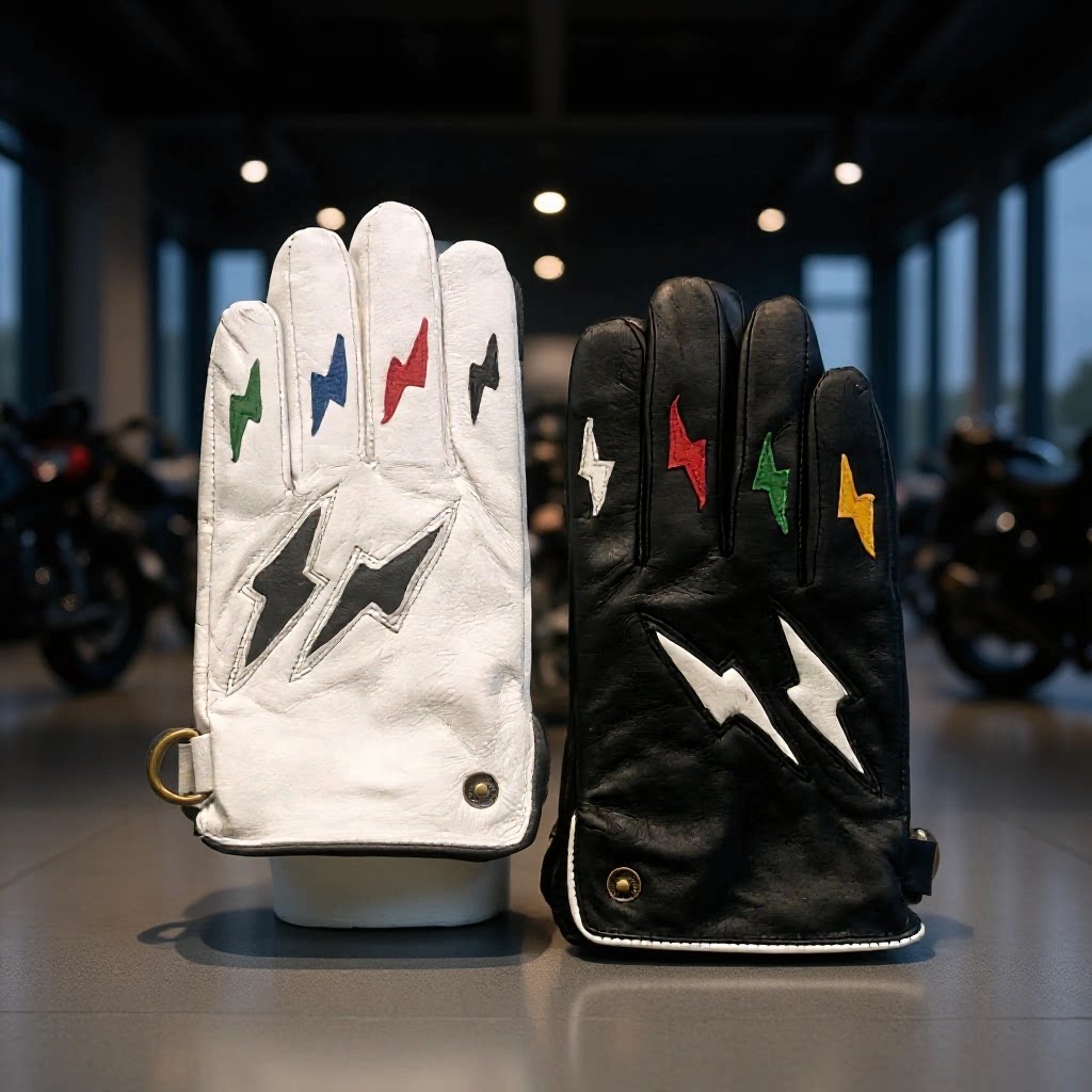 新款闪电复古机车摩托车驾驶骑行小羊皮真皮手套男女触屏保暖白色