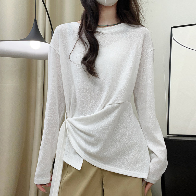 H152慵懒风白色系长袖T恤女夏季薄款防晒衫百搭宽松外穿上衣罩衫
