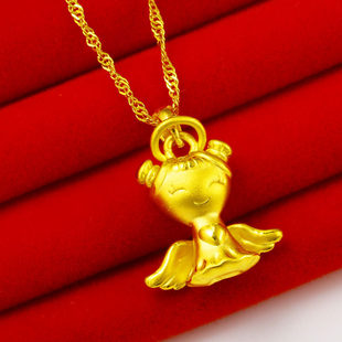 黄金项链吊坠9999足金纯金链子水波纹天使宝宝坠子真金纯金子
