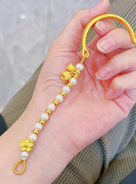 3D硬金黄金铃兰花半镯手链999足金桃花转运珠金珠纯金手链送女友