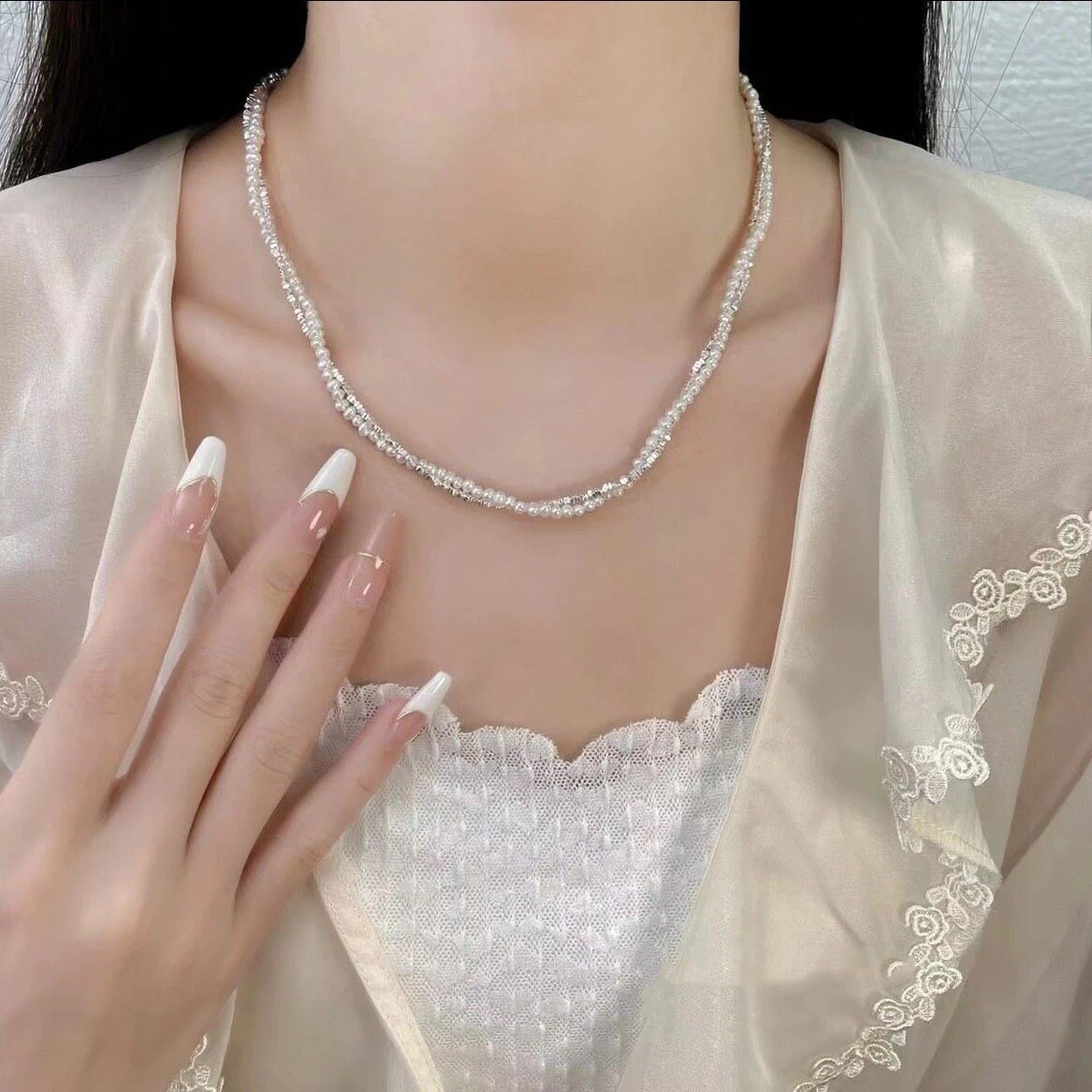 一恋轻奢珍珠碎银双层项链女简约时尚百搭气质锁骨链手链配