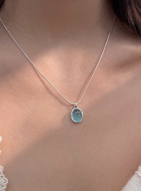 一恋蓝色椭圆吊坠项链女简约百搭气质优雅锁骨链ins风小众网红颈