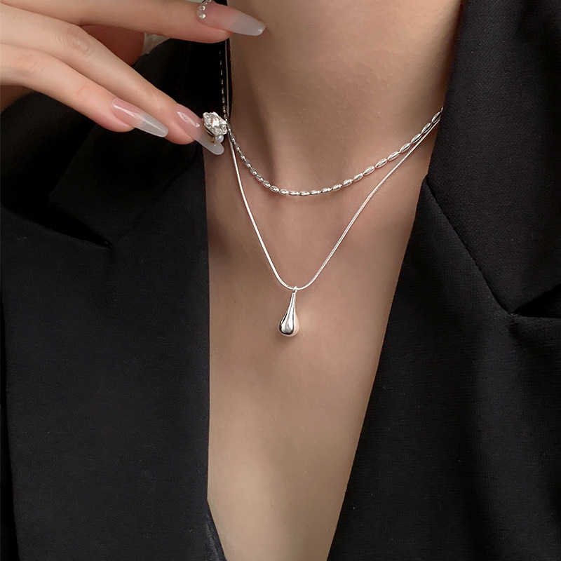 一恋甜美双层水滴项链女简约百搭时尚米粒S925银锁骨链创意个性颈