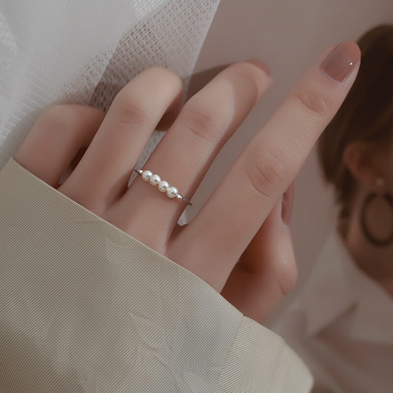 一恋甜美仿珍珠戒指女韩版个性时尚气质简约圆珠开口指环ins食指