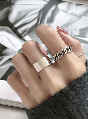 一恋日韩简约光面开口戒指女时尚复古麻花个性锁链条食指环潮