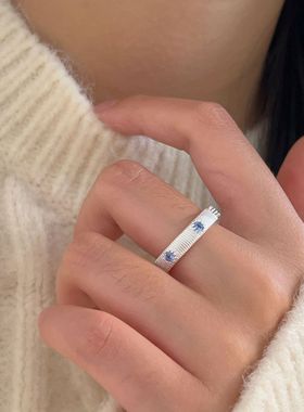 一恋甜酷拉丝蓝色戒指女韩版新款气质优雅开口指环几何百搭叠戴食