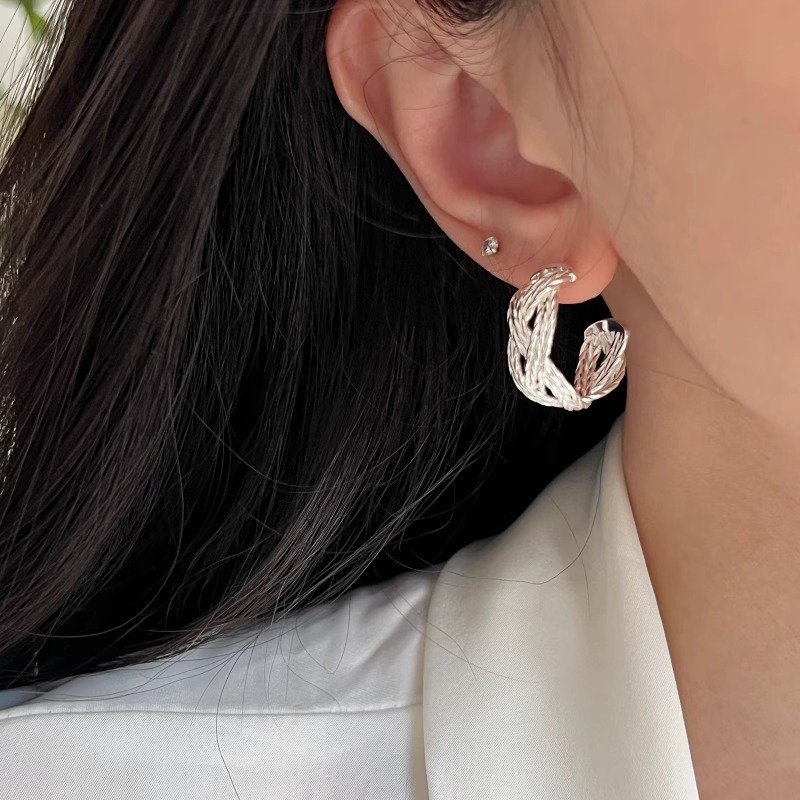 一恋简约麻花编织C型耳钉女几何半圆弯弧气质百搭耳环耳坠ins风耳