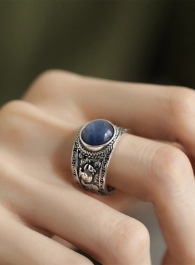 一恋复古重工浮雕花纹戒指女做旧时尚个性嘻哈蓝色仿玉石食
