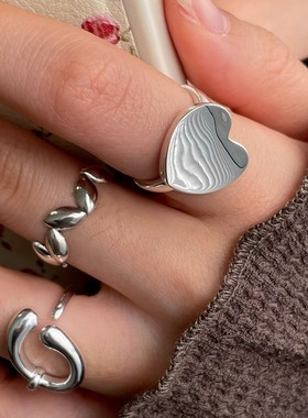 一恋韩版橄榄树叶戒指女复古时尚爱心C型开口指环嘻哈食指戒潮