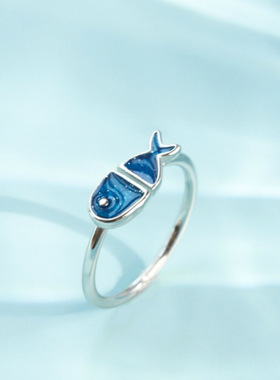 一恋蓝色小鱼开口戒指女简约时尚小众个性指环ins网红食