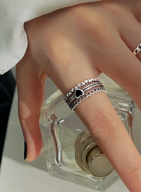 一恋黑色滴釉爱心戒指女花边气质优雅开口指环ins小众个性百搭食